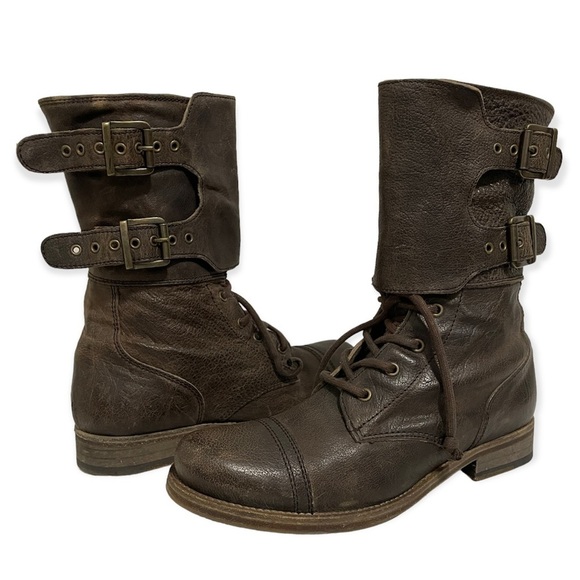 All Saints Damisi Distressed Moto Boots Brown Leather Buckle Lace Up Womens Mens